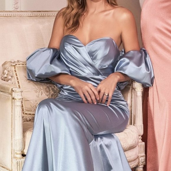 NEW LONG PARIS BLUE SATIN STRETCH MERMAID DRESS WITH PUFF SLEEVES AND ZIP CD983C - Picture 3 of 8